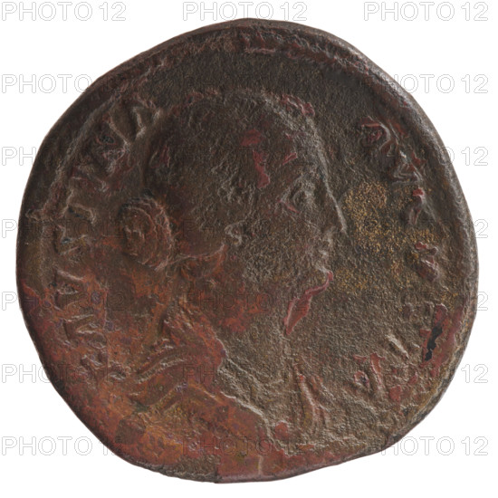 Sestertius (coin), struck 161–176 CE. Obverse: bust of Faustina the Younger in drapery facing right, legend FAVSTINA · AVGVSTA. Reverse: Juno stands frontally, head turned left, holding a baby with two more children at her sides, legend IVNONI · LVCI · AE and SC in fields. Issuer: Marcus Aurelius. Iconography: Juno, Faustina II, children. Roman Empire (27 BCE–476 CE); Rome. Coin; diameter 32.5 mm; weight 25.90 g; axis 0°.