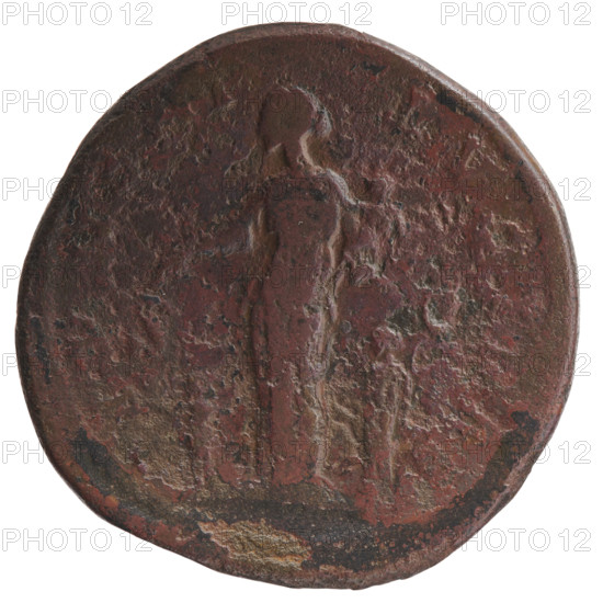 Sestertius, Faustina the Younger (ca. 130–176; Roman empress 161–176), Marcus Aurelius (121–180; Roman emperor 161–180) (issuer). Obverse: Bust of Faustina II in drapery facing right, legend FAVSTINA · AVGVSTA. Reverse: Juno stands frontally, head turned left, holding a baby with two more children at her sides, legend IVNONI · LVCI · AE, in SC fields. Date: 161–176 CE, Roman Empire (27 BCE–476 CE), Rome. Coin: diameter 32.5 mm, weight 25.90 g, axis 0°.
