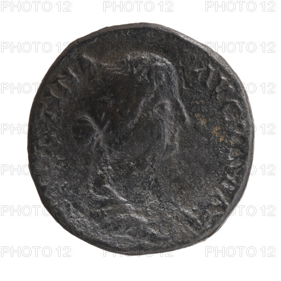 sestertius, Faustina the Younger (ca. 130–176; Roman empress 161–176), Marcus Aurelius (121–180; Roman emperor 161–180) (issuer); iconography: personifications, wreaths, scepters, Laetitia; obverse: bust of Faustina II in drapery facing right, inscription STINA - AVGVSTA; reverse: Laetitia standing left, holding a wreath in her right hand and a long scepter in her left, inscription LA, TI - TIA; in SC fields; date: 161–176; place: Rome, Roman Empire (27 BC–476); medium: coin; diameter 29.0–29.5 mm; weight 18.52 g; axis 345°.