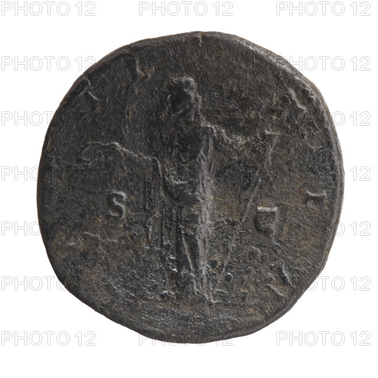 sestertius, Faustina the Younger (ca. 130–176; Roman empress 161–176), Marcus Aurelius (121–180; Roman emperor 161–180) (issuer). Obverse: Bust of Faustina II in drapery facing right, inscription STINA · AVGVSTA. Reverse: Laetitia standing left, holding a wreath in her right hand and a long scepter in her left, inscription LAETITIA in fields, SC. Date: 161–176, Rome, Roman Empire (27 BC–476). Coin. Diameter 29.0–29.5 mm, weight 18.52 g, axis 345°.
