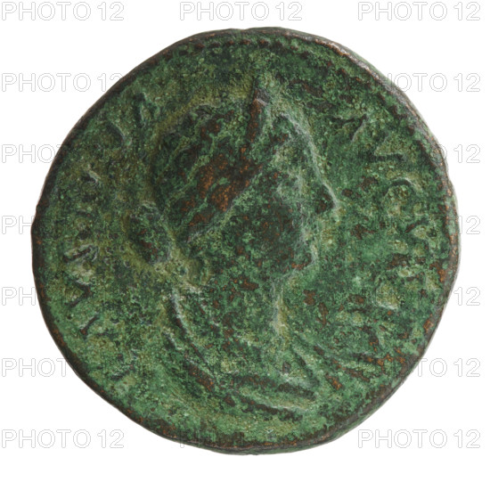 Sestertius of Faustina the Younger (ca. 130–176; Roman empress 161–176) issued under Marcus Aurelius (121–180; Roman emperor 161–180). Obverse: Bust of Faustina II in diadem and drapery facing right, inscription FAVSTINA · AVGVSTA. Reverse: Salus seated left, feeding a snake wrapped around an altar with a patera in her right hand, left hand on the back of the seat, inscription SALVTI · AVGVSTAE. In SC section. Date: 161–176. Roman Empire, Rome. Coin: diameter 31.0 mm; weight 20.10 g; axis 15°.