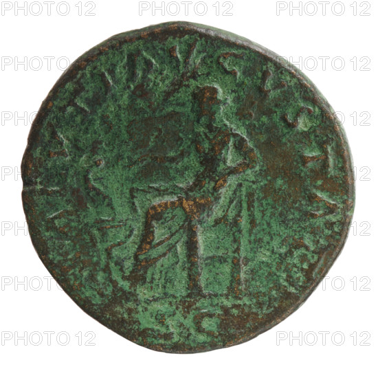 sestertius; issuer: Marcus Aurelius (121–180, Roman emperor 161–180); obverse: Bust of Faustina the Younger (ca. 130–176; Roman empress 161–176) in diadem and drapery facing right, legend FAVSTINA · AVGVSTA; reverse: Salus seated left feeding a snake wrapped around an altar with a patera in her right hand, left hand on seat, legend SALVTI · AVGVSTAE, control: in SC section; date: 161–176; culture: Roman Empire; place: Rome; material: coin; diameter 31.0 mm; weight 20.10 g; axis 15°.