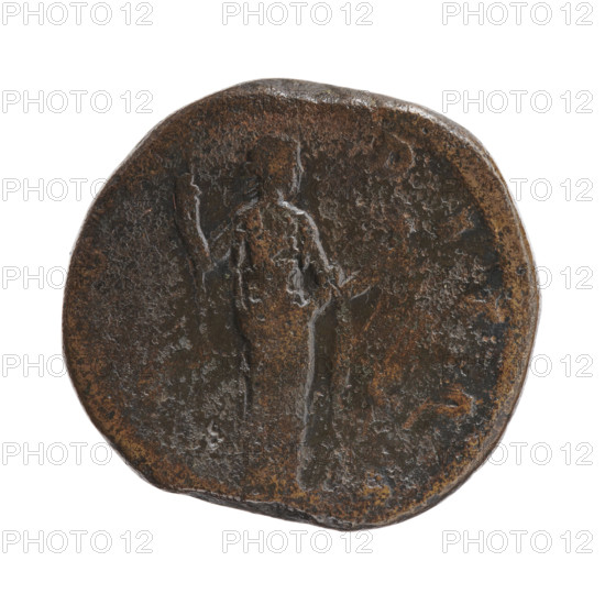 Dupondius/as of Faustina the Younger (ca. 130–176), Roman empress 161–176; issuer: Marcus Aurelius (121–180), Roman emperor 161–180. Obverse: Bust of Faustina II in drapery facing right, legend FAVSTINA·AVGVSTA. Reverse: Fecunditas standing right, holding a child in her outstretched left hand and a long scepter in her right, legend ·DITAS. Iconography includes personifications, children, scepters. Date: 161–176. Roman Empire, Rome. Coin type: dupondius/as; diameter 22.5–24.0 mm; weight 12.55 g; axis 180°.