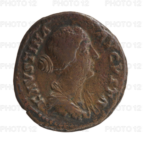 Dupondius/as depicting Faustina the Younger (ca. 130–176), Roman empress (161–176), issuer Marcus Aurelius (121–180), Roman emperor (161–180). Bust of Faustina II in drapery facing right, legend FAVSTINA·AVGVSTA all around. Reverse: Faustina as Fecunditas stands frontally, turns her head left, holds two infants in her arms; four children stand at her sides (two each). Legends EM·F·LI in SC fields. Date ca. 161–176, Rome, Roman Empire. Coin; diameter ~25–26 mm; weight 11.20 g; axis 15°.