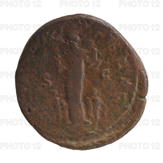 Dupondius/as, Faustina the Younger (ca. 130–176; Roman empress 161–176), Marcus Aurelius (121–180; Roman emperor 161–180) (issuer). Bust of Faustina II in drapery facing right, inscription FAVSTINA · AVGVSTA around. Reverse: Faustina as Fecunditas stands frontally, turns her head left, holds two infants in her arms; four children stand at her sides (two each). Inscriptions EM · F · LI in the fields, SC. Date: 161–176, Rome, Roman Empire. Coin (bronze), weight 11.20 g, diameters 25.0–26.0 mm, axis 15°.