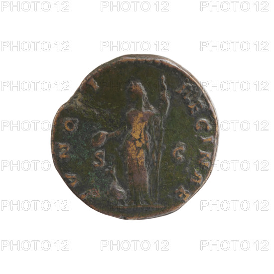 Draped bust of Faustina II facing right, inscribed 'FAVSTINA · AVGVSTA'. Reverse: Juno standing left, holding a patera in her outstretched right hand and a long scepter in her left, a peacock at her feet left, inscribed 'IVNO · I · REGINAE' with control letters S · C in the fields. Dupondius/as attributed to Faustina the Younger (ca. 130–176; Roman empress 161–176) and Marcus Aurelius (121–180; Roman emperor 161–180) as issuer, dated 161–176, Roman Imperial coin struck in Rome. Diameter c. 24–25 mm, weight 12.10 g, axis 15°.