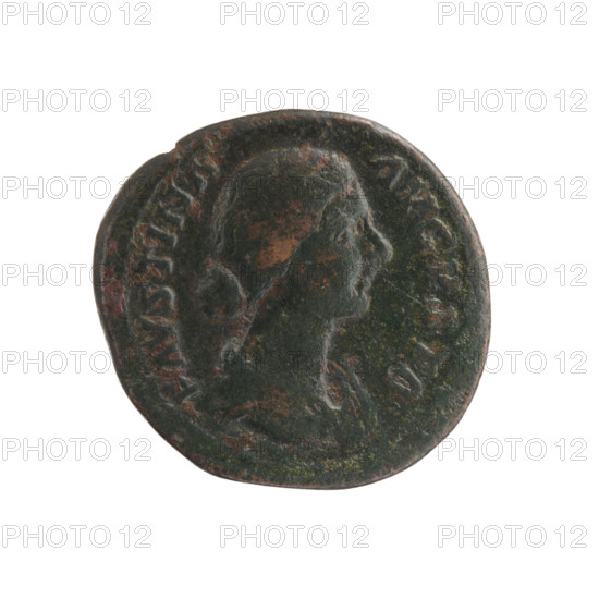 Dupondius/as; Marcus Aurelius (121–180), Roman emperor (161–180), issuer; Faustina the Younger (ca. 130–176), Roman empress (161–176). Obverse: Bust of Faustina II in drapery facing right, legend FAVSTINA · AVGVSTA. Reverse: Laetitia (personification) standing left, holding a wreath in her right hand and a long scepter in her left, legend LAE · TI · TIA, control marks SC in fields. Date: 161–176. Roman Empire, Rome. Coin; diameter 25.0–26.0 mm; weight 10.85 g; axis 0°.