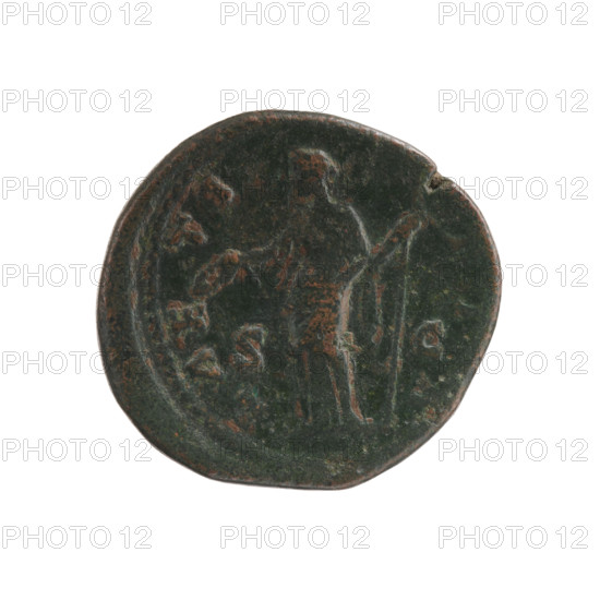 Dupondius/as of Marcus Aurelius (121–180; Roman emperor 161–180), issuer; Faustina the Younger (c.130–176; Roman empress 161–176). Obverse: Bust of Faustina II in drapery facing right, inscription FAVSTINA · AVGVSTA. Reverse: Laetitia standing left, holding a wreath in her right hand and a long scepter in her left, inscription LAE · TI · TIA and in SC fields. Date: 161–176. Roman Empire, Rome. Coin; diameter 25.0–26.0 mm, weight 10.85 g, axis 0°.