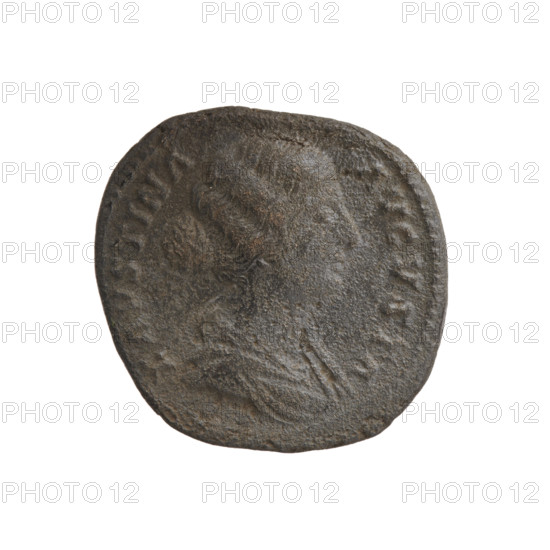 Dupondius/as, Faustina the Younger (ca. 130–176; Roman empress 161–176) and Marcus Aurelius (121–180; Roman emperor 161–180), issuer. Obverse: Draped bust of Faustina II facing right, inscription FAVSTINA·AVGVSTA. Reverse: Draped throne (pulvinar) with two children — Commodus twins and Antoninus — with inscription SAECVL·LICIT; legend indicates in the SC section, dated 161–176, Rome, Roman Empire. Coin: bronze, diameter 24.5–26.0 mm, weight 14.57 g, axis 0°.