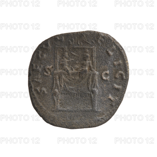 Dupondius/as, Faustina the Younger (ca. 130–176; Roman empress 161–176), Marcus Aurelius (121–180; Roman emperor 161–180) (issuer). Obverse: Draped bust of Faustina II facing right, inscribed FAVSTINA · AVGVSTA. Reverse: Draped throne (pulvinar) with two children — Commodus twins and Antoninus — with inscription SAECVL · LICIT in exergue and SC in field. Date/style: 161–176 CE, Rome, Roman Empire. Object type and measurements: coin (dupondius/as), diameter 24.5–26.0 mm, weight 14.57 g, axis 0°.