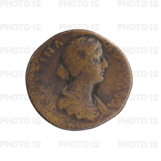Dupondius/as, Faustina the Younger (ca. 130–176; Roman empress 161–176), Marcus Aurelius (121–180; Roman emperor 161–180), issuer. Obverse: Bust of Faustina II in drapery facing right, inscription TINA - AVGVSTA all around. Reverse: Laetitia (personification) standing left, holding a wreath in her right hand and a long scepter in her left, inscription LAETI - all around, fields S-. Date: 161–176. Place: Rome, Roman Empire (27 BC–476). Coin; diameter 25.0–26.5 mm; weight 10.79 g; axis 0°. Icons: wreaths, scepters; style and iconography noted.
