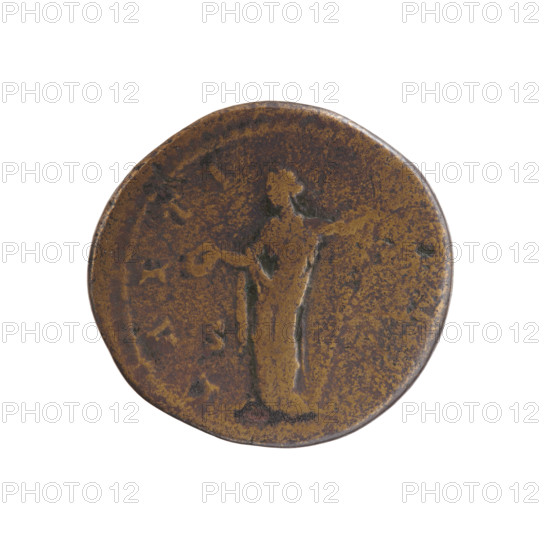 Dupondius/as, Faustina the Younger (ca. 130–176; Roman empress 161–176), Marcus Aurelius (121–180; Roman emperor 161–180) (issuer). Obverse: Bust of Faustina II in drapery facing right, inscription 'TINA - AVGVSTA' all around. Reverse: Laetitia standing left, holding a wreath in her right hand and a long scepter in her left, inscription 'LAETI-' all around. Fields: S-. Date: 161–176. Culture: Roman Empire (27 BC–476), Rome. Object: coin. Measurements: diameter 25.0–26.5 mm, weight 10.79 g, axis 0°.