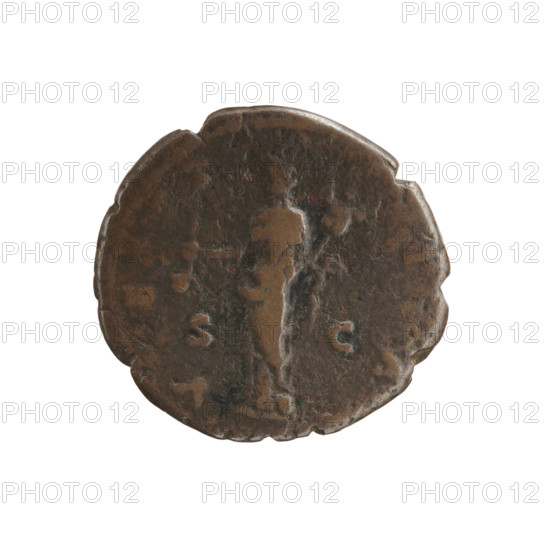 Faustina the Younger (ca. 130–176; Roman empress 161–176); Marcus Aurelius (121–180; Roman emperor 161–180) (issuer). Bust of Faustina II in drapery facing right, legend FAVSTINA·AVGVSTA. Reverse: Vesta stands frontally, turns her head left, holds a ladle (simpulum) in her right hand and a figure of Athena (palladium) in her left, legend around. Roman coin, 161–176 CE, Roman Empire (27 BC–476), Rome. Bronze; weight 10.10 g; diam. 24.5–26.0 mm; axis 180°.