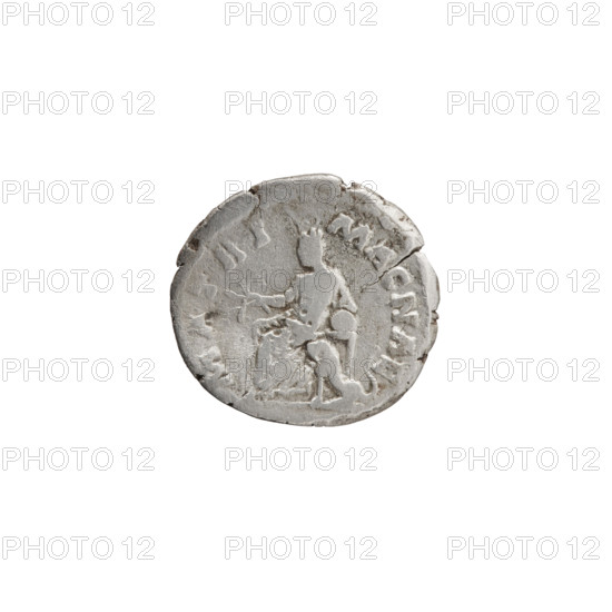 Denarius featuring Faustina the Younger (ca. 130–176; Roman empress 161–176) and Marcus Aurelius (121–180; Roman emperor 161–180) as issuer. Obverse: Bust of Faustina II in drapery facing right, inscribed FAVSTINA · AVGV. Reverse (inverted): Cybele (Magna Mater) in a turret crown seated left, holding a branch in her right hand, resting her left on a drum, below a seated lion, inscribed RI · MAGNAE. Iconography: Faustina the Younger, Cybele (mythology), branches, drums, lions. Date: 161–176. Culture/place: Roman Empire, Rome. Type: Coin (denarius). Dimensions: diam. 16.5–17.5 mm; weight 2.80 g; axis 15°.