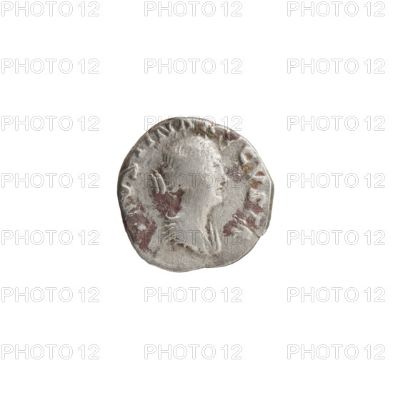 Denarius depicting Faustina the Younger (ca. 130–176; Roman empress 161–176) and Marcus Aurelius (121–180; Roman emperor 161–180). Obverse: bust of Faustina II in drapery facing right, inscription 'AVSTINA AVGVSTA'. Reverse: Diana standing left, holding a lit torch in both hands, inscription 'DIANA'. Dates: 161–176 CE, Roman Empire (27 BCE–476 CE), Rome. Coin: diameter 15.5–16.0 mm, weight 2.48 g, axis 180°.