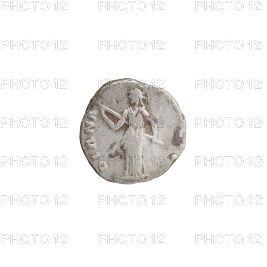 Denarius of Faustina the Younger (ca. 130–176; Roman empress 161–176). Obverse: Bust of Faustina II in drapery facing right, inscription AVSTINA AVGVSTA. Reverse: Diana standing left, holding a lit torch in both hands, inscription DIANA. Issuer: Marcus Aurelius (121–180; Roman emperor 161–180). Iconography: Roman deities, Diana; torches. Date: 161–176. Roman Empire, Rome. Coin: silver (denarius); diameter 15.5–16.0 mm; weight 2.48 g; axis 180°.