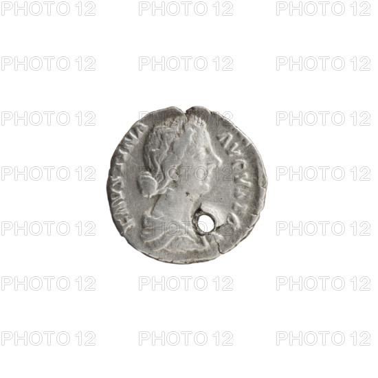 Denarius (with a hole), Faustina the Younger (ca. 130–176; Roman empress 161–176), Marcus Aurelius (121–180; Roman emperor 161–180), issuer: personifications; palm branches; cornucopias; iconography: Bust of Faustina II in drapery facing right, inscription FAVSTINA · AVGVSTA all around; reverse: Hilaritas standing left, holding a palm branch in her right hand and a cornucopia in her left, inscription HIL · A · RITAS all around; date: 161–176; Roman Empire (27 BC–476), Rome; object type: coin; diameter 17.0 mm; weight 2.75 g; axis 180 degrees.