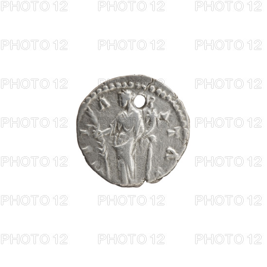 Denarius (with a hole), Faustina the Younger (ca. 130–176; Roman empress 161–176), Marcus Aurelius (121–180; Roman emperor 161–180) (issuer). Obverse: Bust of Faustina II in drapery facing right, inscribed FAVSTINA · AVGVSTA. Reverse: Hilaritas standing left, holding a palm branch in her right hand and a cornucopia in her left, inscribed HIL · A · RITAS. Iconography: personifications, palm branches, cornucopias; Hilaritas (personification). Date: 161–176. Culture/place: Roman Empire, Rome. Medium/format: coin (denarius). Diameter: 17.0 mm. Weight: 2.75 g. Axis: 180 degrees.