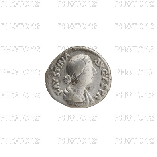 Denarius of Faustina the Younger (ca. 130–176), wife of Marcus Aurelius (121–180). Obverse: bust of Faustina II draped, facing right, legend FAVSTINA·AVGVSTA. Reverse: Juno veiled standing left, holding a patera in her right hand and a long scepter in her left, peacock at her feet left, legend IVNONI·REGINAE. Date: 161–176. Roman Empire, Rome. Coin; diameter ~16–17 mm; weight 3.15 g; axis 0°.
