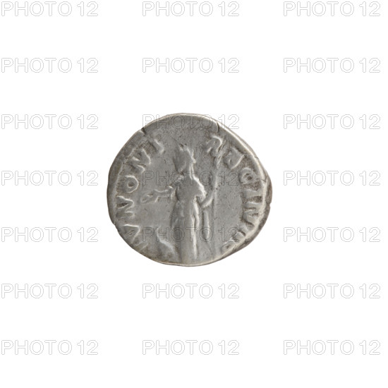 Denarius, Faustina the Younger (ca. 130–176; Roman empress 161–176), Marcus Aurelius (121–180; Roman emperor 161–180) (issuer). Obverse: Bust of Faustina II in drapery facing right, legend FAVSTINA · AVGVSTA. Reverse: Juno in a veil standing left, holding a patera in her right hand and a long scepter in her left, a peacock at her feet left, legend IVNONI · REGINAE. Iconography: Juno, scepters, peacocks, patera; Roman deities. Date: 161–176. Culture: Roman Empire (27 BC–476), Rome. Coin type: silver denarius. Dimensions: diameter 16.0–17.0 mm, weight 3.15 g, axis 0°.