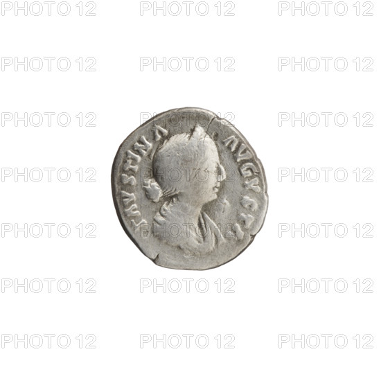 Denarius, Faustina the Younger (ca. 130–176; Roman empress 161–176), Marcus Aurelius (121–180; Roman emperor 161–180) (issuer). Obverse: Bust of Faustina II in drapery facing right, legend FAVSTINA • AVGVSTA. Reverse: Juno in a veil standing left, holding a patera in her right hand and a long scepter in her left, a peacock at her feet left, legend IVNONI • REGINAE. Iconography: Juno, scepters, peacocks, paterae, Roman deities; Faustina the Younger — iconography. Date: 161–176. Place: Rome, Roman Empire. Coin type: denarius. Diameter: 16.0–17.0 mm. Weight: 2.60 g. Axis: 0°.
