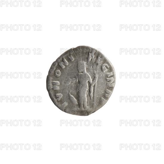 Denarius of Faustina the Younger (ca. 130–176), Marcus Aurelius (issuer). Obverse: Bust of Faustina II in drapery facing right, inscription FAVSTINA · AVGVSTA. Reverse: Juno in a veil standing left, holding a patera in her right hand and a long scepter in her left, a peacock at her feet left, inscription IVNONI · REGINAE. Date: 161–176 CE, Roman Empire (Rome). Coin; diameter 16.0–17.0 mm, weight 2.60 g, axis 0°.