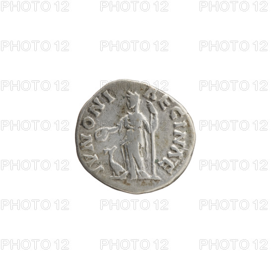 Denarius of Faustina the Younger (ca. 130–176), Roman empress 161–176; issuer: Marcus Aurelius (121–180), Roman emperor 161–180. Obverse: Bust of Faustina II in drapery facing right, legend 'FAVSTINA - AVGVSTA.' Reverse: Juno in a veil standing left, holding a patera in her right hand and a long scepter in her left, a peacock at her feet on the left, legend 'IVNONI - REGINAE.' Iconography: scepters, Juno (mythology), peacocks, paterae, Roman deities; Faustina the Younger — iconography. Date: 161–176, Roman Empire (27 BC–476), Rome. Coin type: denarius; diameter 17.0–17.5 mm; weight 3.32 g; axis 195°.