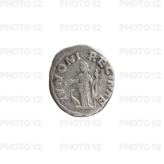 Denarius of Marcus Aurelius (121–180), struck during reign of Faustina the Younger (ca. 130–176) — obverse: bust of Faustina II draped, facing right, inscribed FAVSTINA·AVGV; reverse: Juno veiled, standing left, holding a patera in her right hand and a long scepter in her left, a peacock at her feet at left, inscribed IVNONI·REGINAE. Roman Empire, 161–176. Coin: diameter 17.0–17.5 mm, weight 3.20 g, axis 165°.