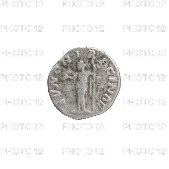 Denarius; obverse: bust of Faustina II in drapery facing right, legend VSTINA - AVGVSTA; reverse: Juno in a veil standing left, holding a patera in her right hand and a long scepter in her left, a peacock at her feet on the left, legend IVNONI R - EGINAE; issuer: Marcus Aurelius; subjects: Faustina the Younger (ca. 130–176, Roman empress 161–176), Juno; iconography: scepters, peacocks, patera; date: 161–176; culture: Roman Empire (27 BC–476), Rome; type: coin; material: silver; diameter: 16.5–17.5 mm; weight: 2.80 g; axis: 180°.