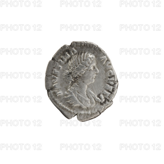 Denarius depicting Faustina the Younger (ca. 130–176; Roman empress 161–176) and Marcus Aurelius (121–180; Roman emperor 161–180) as issuer. Obverse: bust of Faustina II in drapery facing right, inscription FAVSTINA · AVGVSTA. Reverse: Juno veiled, standing left, holding a patera in her right hand and a long scepter in her left, a peacock at her feet at left, legend I V · N O; iconography includes Juno, peacocks, pateras, scepters, Roman deities; dating circa 161–176, Roman Empire (27 BC–476), Rome. Coin: diameter 17.5–19.5 mm, weight 2.90 g, axis 180°.