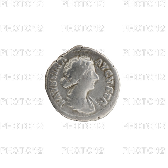 Denarius, Faustina the Younger (ca. 130–176; Roman empress 161–176), Marcus Aurelius (121–180; Roman emperor 161–180) issuer. Obverse: bust of Faustina II in drapery facing right, inscription 'FAVSTINA·AVGVSTA' around. Reverse: Juno veiled, seated facing left, holding a patera in her right hand and a scepter in her left, with a peacock at her feet on the left, inscription 'VNONI·RE·GINAE' around. Iconography: Juno, scepters, peacocks, paterae, Roman deities; Faustina II iconography. Date: 161–176. Roman Empire (27 BC–476), Rome. Coin: silver denarius; diameter 17.5–18.5 mm; weight 3.20 g; axis 180°.