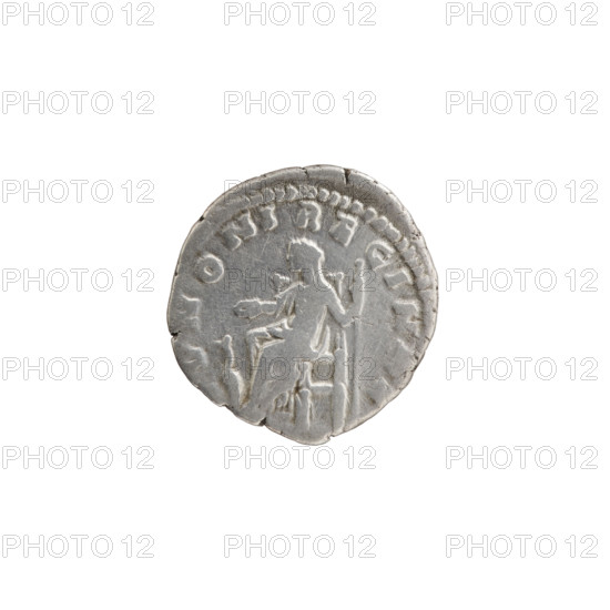Denarius; issuer: Faustina the Younger (ca. 130–176; Roman empress 161–176) / Marcus Aurelius (121–180; Roman emperor 161–180). Obverse: Bust of Faustina II in drapery facing right, legend FAVSTINA · AVGVSTA. Reverse: Juno veiled, seated facing left, holding a patera in her right hand and a scepter in her left, a peacock at her feet on the left, legend VNONI · RE · GINAE. Date: 161–176. Culture: Roman Empire. Place: Rome. Material: coin (denarius). Diameter: 17.5–18.5 mm. Weight: 3.20 g. Axis: 180°.
