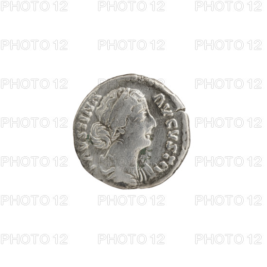Denarius, Faustina the Younger (ca. 130–176; Roman empress 161–176), Marcus Aurelius (121–180; Roman emperor 161–180) (issuer). Bust of Faustina II in drapery facing right, inscription 'FAVSTINA - AVGVSTA' around obverse. Reverse: Juno in a veil seated facing left, holding a patera in her right hand and a scepter in her left, a peacock at her feet at left, circumferential legend 'I-V-NO'. Date ca. 161–176, Roman Empire. Coin (Rome); diameter 17.0–17.5 mm, weight 2.90 g, axis 15°.
