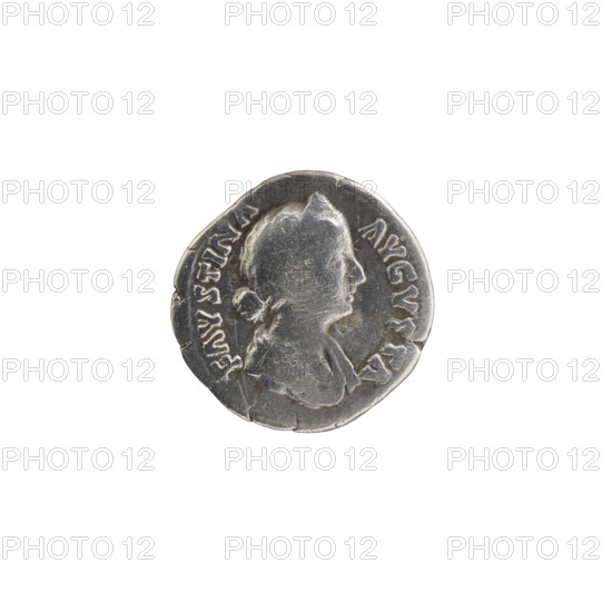 Denarius depicting Faustina the Younger (ca. 130–176; Roman empress 161–176) and Marcus Aurelius (121–180; Roman emperor 161–180). Obverse: bust of Faustina II in drapery facing right, inscribed FAVSTINA - AVGVSTA. Reverse: Laetitia standing left, holding a wreath in her right hand and a scepter in her left, inscribed LAET - I, A. Date: 161–176. Roman Empire, Rome. Coin: diameter 17.0 mm, weight 2.70 g, axis 180°.