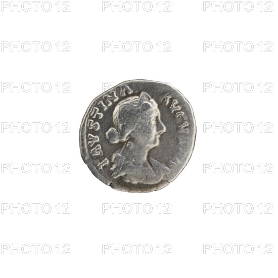 Denarius, Faustina the Younger (ca. 130–176; Roman empress 161–176), Marcus Aurelius (121–180; Roman emperor 161–180), issuer. Obverse: Bust of Faustina II in drapery facing right, legend FAVSTINA · AVGVSTA. Reverse: Laetitia standing left, holding a scepter in her right hand and a wreath in her left, legend LAE · TI · TIA. Iconography: scepters, personifications, wreaths. Date: 161–176. Culture: Roman Empire (27 BC–476). Place: Rome. Object type: coin (denarius). Diameter: 16.5–17.5 mm. Weight: 2.50 g. Axis: 165°.