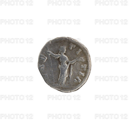 Denarius, Faustina the Younger (ca. 130–176; Roman empress 161–176), Marcus Aurelius (121–180; Roman emperor 161–180), issuer. Obverse: Bust of Faustina II in drapery facing right, inscription FAVSTINA · AVGVSTA. Reverse: Laetitia standing left, holding a scepter in her right hand and a wreath in her left, inscription LAE · TI · TIA. Iconography: scepters, wreaths, Laetitia (personification), personifications. Date: 161–176. Place: Rome, Roman Empire (27 BC–476). Coin type: denarius. Dimensions: diameter 16.5–17.5 mm, weight 2.50 g, axis 165°.