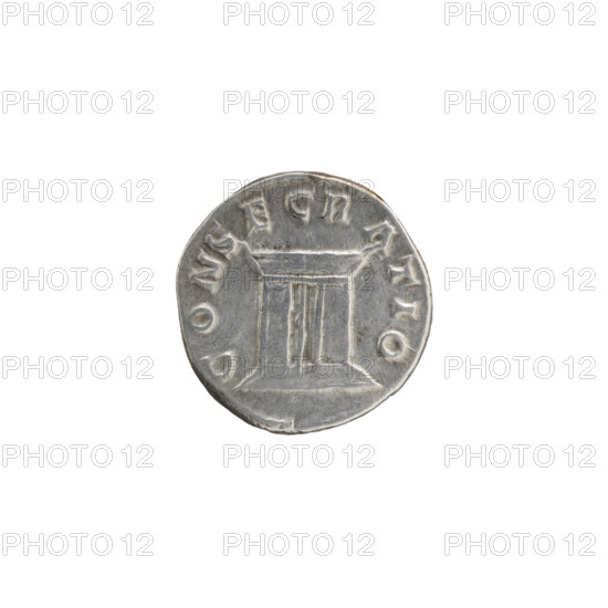 Denarius, Faustina the Younger (ca. 130–176; Roman empress 161–176) (posthumous issue for Marcus Aurelius, 121–180; Roman emperor 161–180). Obverse: Bust of Faustina II in drapery facing right, inscription DIVA FAVSTINA PIA. Reverse: Rectangular altar with a pair of doors, inscription CONSECRATIO. After 176 CE, Roman Empire. Coin; diameter 17.0–17.5 mm; weight 3.15 g; axis 180°.