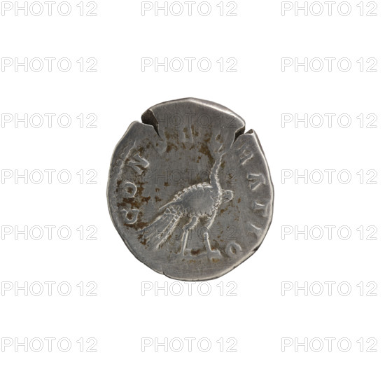 Denarius, Faustina the Younger (ca. 130–176; Roman empress 161–176) (posthumous issue for Marcus Aurelius, 121–180; Roman emperor 161–180). Obverse: Bust of Faustina II in drapery facing right, legend 'DIVA FAVSTINA PIA.' Reverse: Peacock standing right with folded tail, legend 'CONSECRATIO.' After 176 CE, Roman Empire, Rome. Coin: diameters 17.5 mm and 19.0 mm, weight 3.00 g, axis 0°.