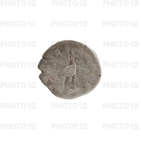 Denarius, Faustina the Younger (ca. 130–176; Roman empress 161–176) (posthumous issue), Marcus Aurelius (121–180; Roman emperor 161–180) (issuer). Obverse: bust of Faustina II in drapery facing right, inscription DIVA FAVSTINA PIA. Reverse: peacock standing right with folded tail, inscription CONSEC[RATIO?] (CO, ECRATIO noted). After 176 CE, Roman Empire, Rome. Coin. Diameter 17.5–18.0 mm, weight 2.30 g, axis 345°.
