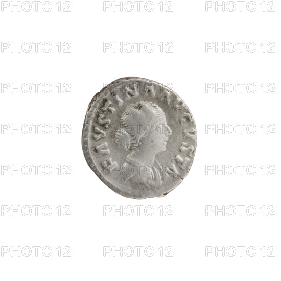Denarius, Faustina the Younger (ca. 130–176; Roman empress 161–176), Marcus Aurelius (121–180; Roman emperor 161–180) issuer. Obverse: Draped bust of Faustina II facing right, legend FAVSTINA AVGVSTA. Reverse: Draped throne (pulvinar) with two children—twins Commodus and Antoninus; legend SAECVLI FELICIT. Iconography: children, pulvinar with two children, thrones; Commodus (161–192; Roman emperor 177–192) iconography; Faustina the Younger iconography. Date: 161–176. Culture: Roman Empire. Place: Rome. Coin type: denarius. Dimensions: diameter 16.0–17.0 mm, weight 3.30 g, axis 15°.