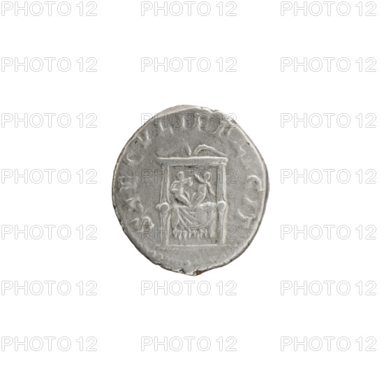 Denarius, Faustina the Younger (ca. 130–176; Roman empress 161–176), Marcus Aurelius (121–180; Roman emperor 161–180) (issuer). Obverse: Draped bust of Faustina II facing right, inscribed FAVSTINA AVGVSTA. Reverse: Draped throne (pulvinar) with two children—twins Commodus and Antoninus—inscribed SAECVLI FELICIT. Iconography: children, pulvinar with two children, Commodus (161–192; Roman emperor 177–192) — iconography; Faustina the Younger — iconography; thrones. Date: 161–176. Culture: Roman Empire (27 BC–476), Rome. Object type: coin (denarius). Dimensions: diameter 16.0–17.0 mm, weight 3.30 g, axis 15°.