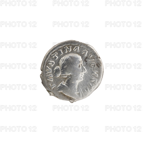Denarius, Faustina the Younger (ca. 130–176; Roman empress 161–176), Marcus Aurelius (121–180; Roman emperor 161–180) issuer. Obverse: draped bust of Faustina II facing right, legend FAVSTINA AVGVSTA. Reverse: draped throne (pulvinar) on which sit two children—twins Commodus and Antoninus—legend SAECVLI FELICIT. Iconography references: Faustina the Younger, Commodus. Date: 161–176. Roman Empire, Rome. Coin diameter 17.0–17.5 mm, weight 3.12 g, axis 0°.