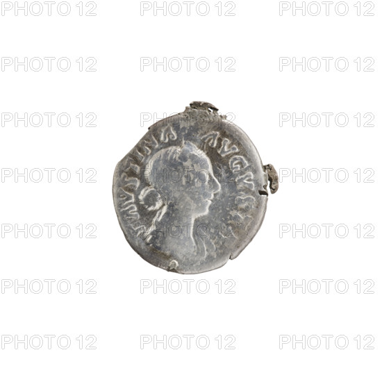 Denarius (element of decoration). Obverse: Bust of Faustina the Younger (ca. 130–176; Roman empress 161–176) in drapery facing right, inscription FAVSTINA·AVGVSTA. Reverse: Salus (personification) seated on a throne facing left, feeding a snake wrapped around an altar with a patera in her outstretched right hand; left hand rests on the back of the seat, inscription SALVS. Marcus Aurelius (121–180; Roman emperor 161–180) issuer. Iconography: altars, paterae, personifications, snakes. Date: 161–176. Culture/place: Roman Empire, Rome. Medium: coin. Dimensions: diameter 17.0–18.0 mm, weight 3.00 g, axis 0°.