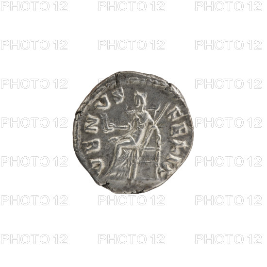 Denarius depicting Faustina the Younger (ca. 130–176), Roman empress (161–176); issuer Marcus Aurelius (121–180), Roman emperor (161–180). Obverse: bust of Faustina II in drapery facing right, inscription FAVSTINA AVGVSTA. Reverse: Venus seated left, holding Victoria in her outstretched right hand and scepter in her left, inscription VENVS · FELIX. Iconography: Roman deities Venus and Victoria, scepters; Faustina the Younger - iconography. Date: 161–176 CE, Roman Empire. Coin: Rome; diameter 17.5–18.0 mm, weight 3.30 g, axis 15°.