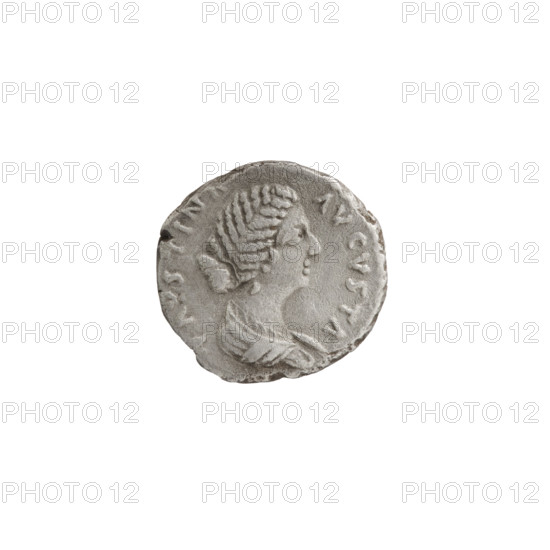 Denarius (hybrid), Faustina the Younger (ca. 130–176; Roman empress 161–176), Marcus Aurelius (121–180; Roman emperor 161–180) — issuer. Obverse: Bust of Faustina II in drapery facing right, legend FAVSTINA·AVGVSTA. Reverse: Victoria seated left, holding a patera in her outstretched right hand and a branch in her left palm, legend MP·VII·COS·III. Date: 174–176. Roman Empire (27 BC–476), Rome. Coin. Diameter: 16.0–17.5 mm; weight: 2.60 g; axis 180°.