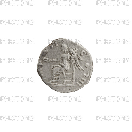 Denarius (hybrid) of Faustina the Younger (ca. 130–176; Roman empress 161–176) and Marcus Aurelius (121–180; Roman emperor 161–180). Obverse: Bust of Faustina II in drapery facing right, inscription FAVSTINA · AVGVSTA. Reverse: Victoria seated left, holding a patera in her outstretched right hand and a branch in her left palm, inscription MP · VII · COS · III. Date: 174–176. Roman Empire (27 BC–476), Rome. Coin: silver, diameter 16.0–17.5 mm, weight 2.60 g, axis 180°. Icons: Victoria; motifs: patera, palm branches.