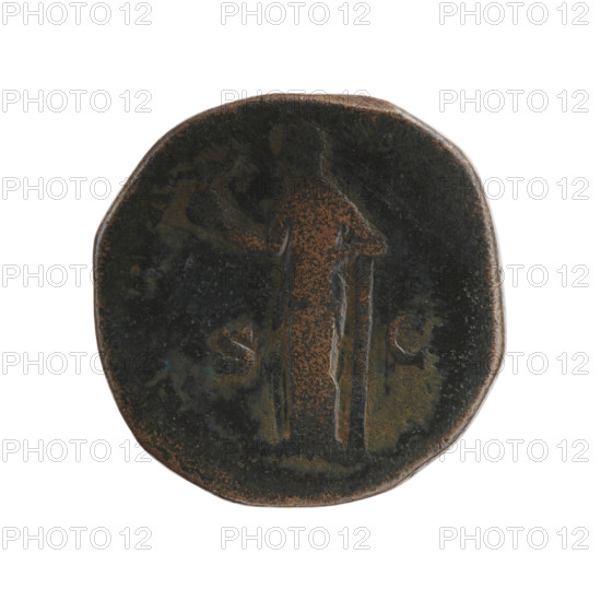 Sestertius, Faustina the Younger (ca. 130–176; Roman empress 161–176) (posthumous), issuer Marcus Aurelius (121–180; Roman emperor 161–180). Obverse: Bust of Faustina II draped, facing right, legend 'DIVA FAV—STINA PIA' around. Reverse: Aeternitas veiled, standing left, holding a globe with a phoenix in her right hand and resting her left on a column; legend 'A, ER—N' around, in SC fields. After 176, Roman Empire, Rome. Coin: bronze, diameter 27.0–27.5 mm, weight 22.20 g, axis 0°.