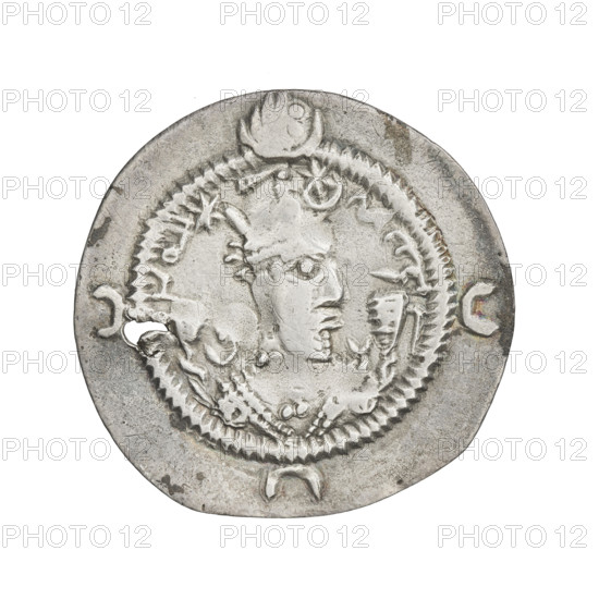 Drachma, Khosroes II Anoshirvan (ruler of Persia; 531–579). Obverse: bust of Khosroes I facing right; wearing a crown with korymbos, a crescent with a star on the right and a star on the left; short curly beard, hair tied back in a lock; beads on his neck (central one three triangular beads) and a second long chain; earring of three triangular beads; outside the rim three crescents; Pahlavi legend. Reverse: fire altar; left of altar the ruler facing forward holding a sword, right of altar a priest facing forward holding a sword; star top left and crescent top right; signs/monograms on both sides; pearl rim; Pahlavi legend. Sassanid art; Sassanid Kingdom; Iran (Persia). Date: 537–579. Coin: diameter 25.0 mm, weight 2.50 g.
