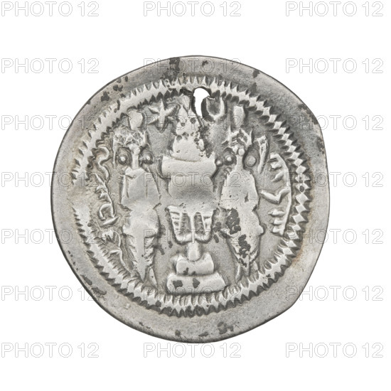 drachma, Khosroes II Anoshirvan (ruler of Persia; 531–579). Obverse: bust of Khosroes I facing right; wearing a crown with korymbos, a crescent with a star to the right and a star to the left; short curly beard, hair tied back in a lock; beads on his neck (central one three triangular beads) and a second long chain; earring of three triangular beads; outside the rim three crescents; Pahlavi legend. Reverse: fire altar; left of altar the ruler facing forward holding a sword, right of altar a priest facing forward holding a sword; star top left, crescent top right; signs/monograms on both sides; pearl rim; Pahlavi legend. 537–579, Persia. Coin (drachma): diameter 25.0 mm, weight 2.50 g. Sassanid art; Sassanid Kingdom; Iran; fire altar; crowns; moons; korymbos.
