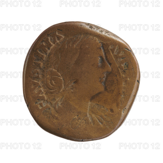 Sestertius of Faustina the Younger (ca. 130–176; Roman empress 161–176), issuer Marcus Aurelius (121–180; Roman emperor 161–180). Obverse: Bust of Faustina II in drapery facing right, legend FAVSTINA·AVGV, A all around. Reverse: Ceres seated on a basket facing left, holding ears of corn in her outstretched right hand and a torch in her left, letters SC in fields. Date ca. 161–176, Roman Empire (27 BC–476), Rome. Coin: diameter 29.0–30.0 mm, weight 22.89 g, axis 180°.